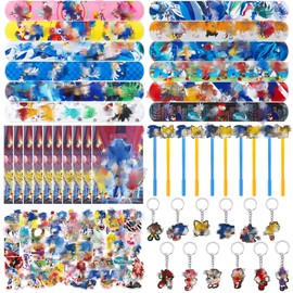 94-Piece Party Bag Children's Birthday Toy Set with 50 Stickers, 12 Key Chains, 10 Gift Bags, 12 Snap Bracelets, 10 Gel Pens, Gift Children's Party Accessories, Birthday Decoration