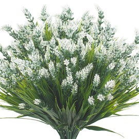 Artificial Plants Outdoor Fake Grass with Flowers UV Resistant Greenery Garden Porch Window Box Decorating (White)