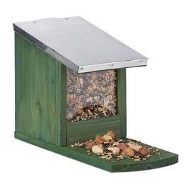 Relaxdays Squirrel Feeder, Wooden Feeding House - Weatherproof Metal Roof - Stand Up - Squirrel Drey, Colours
