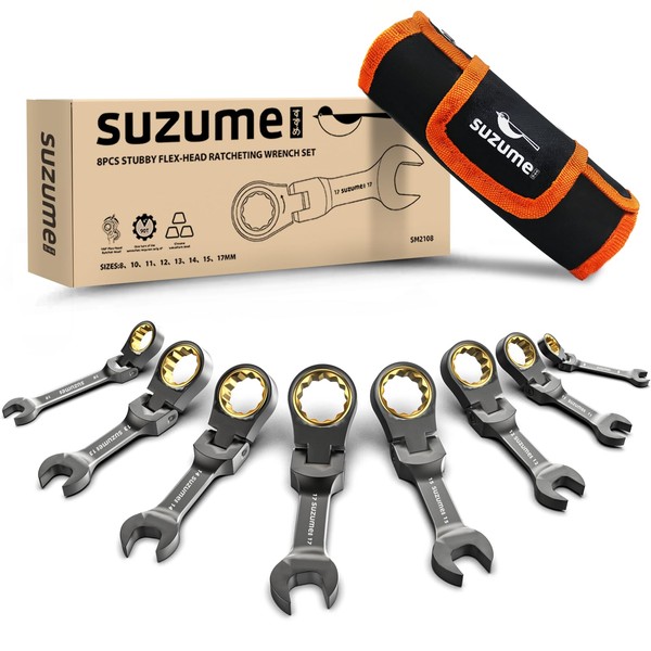 SUZUME Stubby Wrench Set 8PCS Metric (8-17mm) 180° Flexible Head