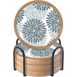 Wood Coasters Set of 4 with Holder, Cewiru Cup Mat for Drinks, Absorbent Coasters with Felt Insert for Coffee Table Protection, Modern Style Home Dining Table Decor, 4.3" Grey