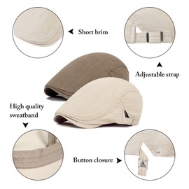 Qossi 2 Pack Newsboy Hats for Men Flat Cap Cotton Adjustable Breathable Irish Cabbie Ivy Driving Hunting Hat Khaki Beige