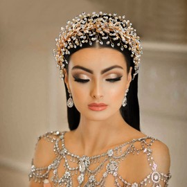 DIMNIE wedding headband bridal hair band rhinestone wedding hair accessories for brides (Gold)
