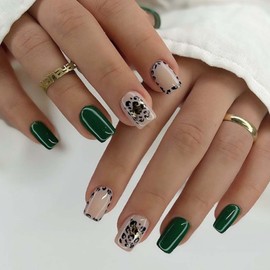 Gifiky Short Press on Nails Square Fake Nails Green Leopard Nails Tips Full Cover False Nails for Women and Girls 24Pcs