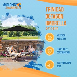 Island Umbrella Trinidad 9 ft Octagon Patio Umbrella – With Crank Lift, Push-to-Tilt, Rust-Resistant Steel Pole, 8-Rib Frame & Weather-Resistant Canopy – Black Outdoor Umbrellas for Patio