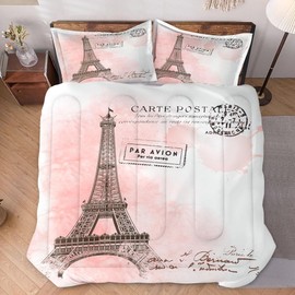 WeCozy Comforter Set Twin Size with Pillowcase, Paris Eiffel Tower 2 Pcs Bedding for Kids and Adults, Beautiful Pink Place Soft Comforter Set for Bedroom Bed Decor
