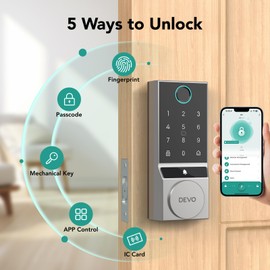 Devo G2 Door Lock for Front Door, 5 in 1 Fingerprint Keyless Entry Door Lock with Doorbell, Smart Lock Deadbolt with App Control, Easy Install No Hub, IP54 Waterproof, Auto-Lock