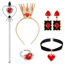 Spinosaurus 5 Pcs Queen of Hearts Accessories Sets,Queen Crown Headband Red Hearts Earrings Felt Choker Wand Finger Ring Fancy Dress Up Queens Costume Accessorie