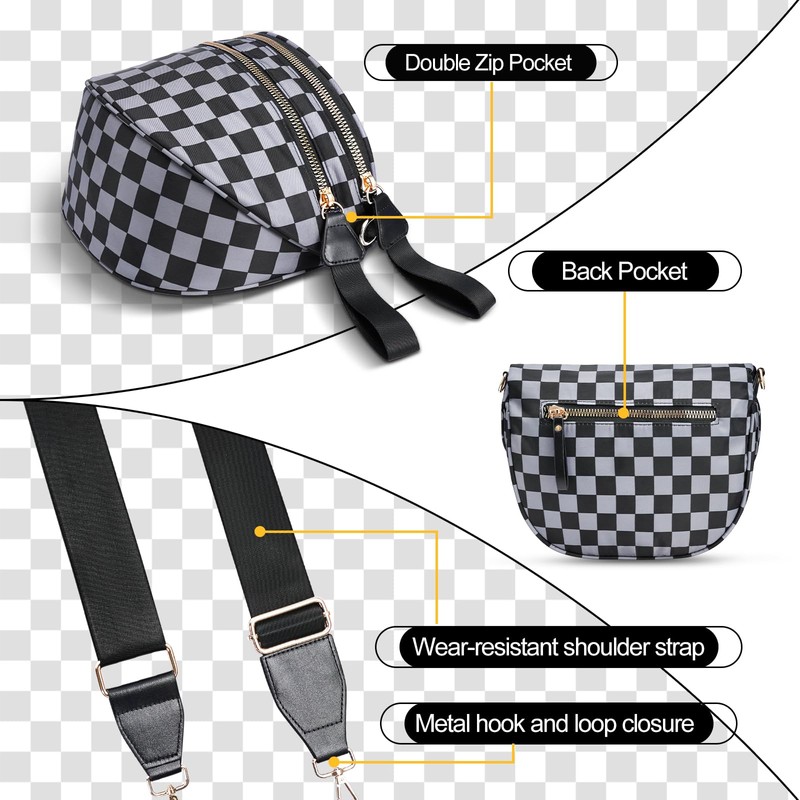 idoltimes Checkered Crossbody Bag,Nylon Bum Bags for Women Crossbody,Spacious Sling