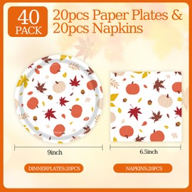 40 Pcs Fall Paper Plates and Napkins Party Supplies, Pumpkin Maple Leaf Disposable Dinner Plates and Napkins Tableware Set for Autumn Thanksgiving Party Decorations (Fall)