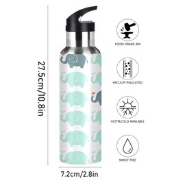 JUMBEAR Cute Tropical Indian Tribal Elephants Water Bottle Acuum Insulated Stainless Steel Leakproof Wide Mouth Kettle with Straw Lid for Fitness Gym Outdoor Sports