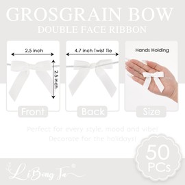 LiBongTa 50 PCs White Bow 2.5" Grosgrain Ribbon Bow for Decorations, Small Bows for Crafts, Mini Bow Twist Tie Bows for Gift Wrapping, Premade Bows for Baby Shower, Wedding, Party, Candy, Treat Bags