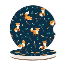 Cartoon Foxes Flowers Car Coasters, Car Coasters for Cup Holders, 2PCS Universal Anti Slip Car Assecories, 2.56in Cute Car Coasters with A Finger Notch
