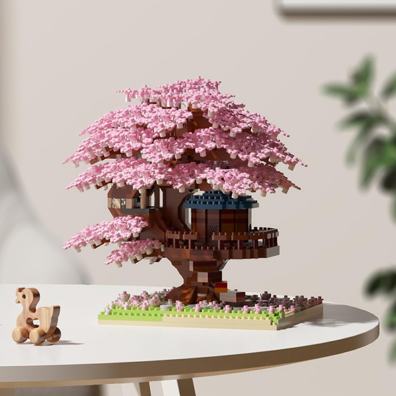 Pink Cherry Blossom Tree House Micro Blocks Model, Building Blocks