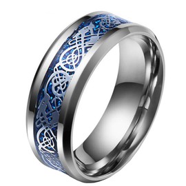 HIJONES Men's Celtic Dragon Blue Carbon Fiber Silver Stainless Steel Ring Wedding Band 8mm Size Z+1