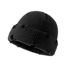Opreng Unisex Warm Knit Skull Cap Hip-hop Slouchy Ripped Knitted Hat (Black)