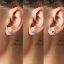 Blue Cubic Zirconia Studs Earrings Set, 3 Pairs Sterling Silver Earrings Studs 3MM 4MM 5MM