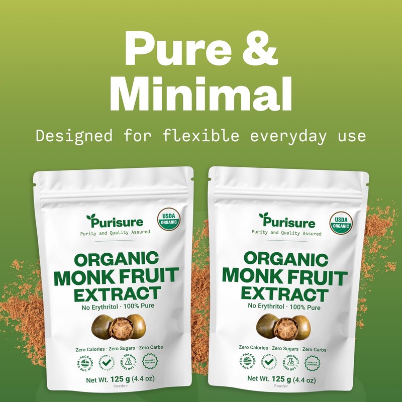 Organic Monk Fruit Sweetener, 125g (4.41oz), No Fillers Pure USDA