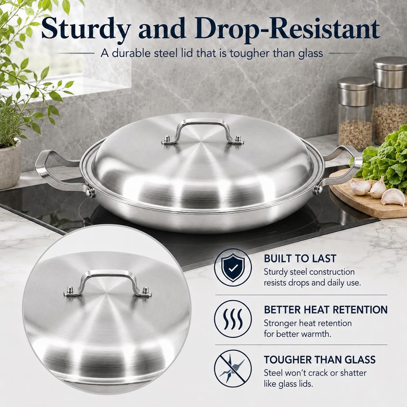 Yeksum 16 Inch Stainless Steel Paella Pan,18/10 Large Skillet，Frying Pan