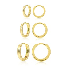 Gold Earrings Small Hoop Set for Women, 3 Pairs 14K Gold Small Huggie Hoop Earrings Set Hypoallergenic Tiny Hoop Earrings Cartilage Piercing Hoops 12 14 16 MM