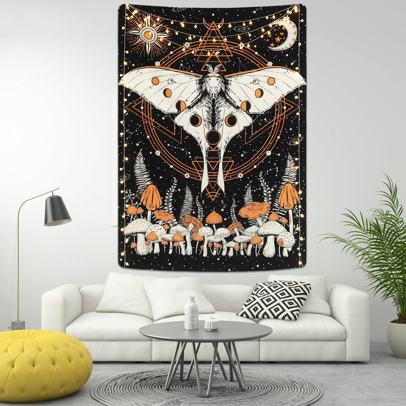 Krelymics Moth Tapestry Mushroom Tapestry Sun and Moon Tapestries Moon