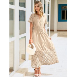 Simplee Womens Summer Lace Maxi Dresses Casual Short Sleeve Long Flowy Boho Dresses with Pockets (Beige S)