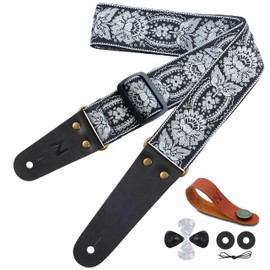 Nefelibata Guitar Strap Cotton Guitar Straps with Head Cowhide Leather Ends for Bass Electric Acoustic Guitar with Free Strap Button, 2 Strap Locks and 4 Guitar Picks, Silver Orleans