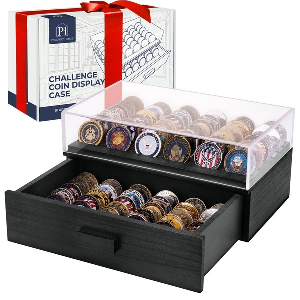 Large Black Wooden Challenge Coin Display Case with Clear Cover