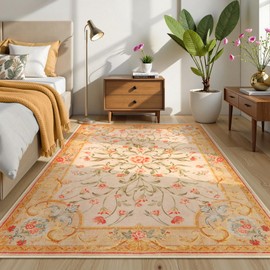 Morebes Washable Floral Living Room Area Rugs 5X7, Vintage Utral-Thin Bedroom Rug Anti Skid, Soft Low Pile Indoor Carpet for Nursery Office Dining Room Playroom (Ochre 5'x7')