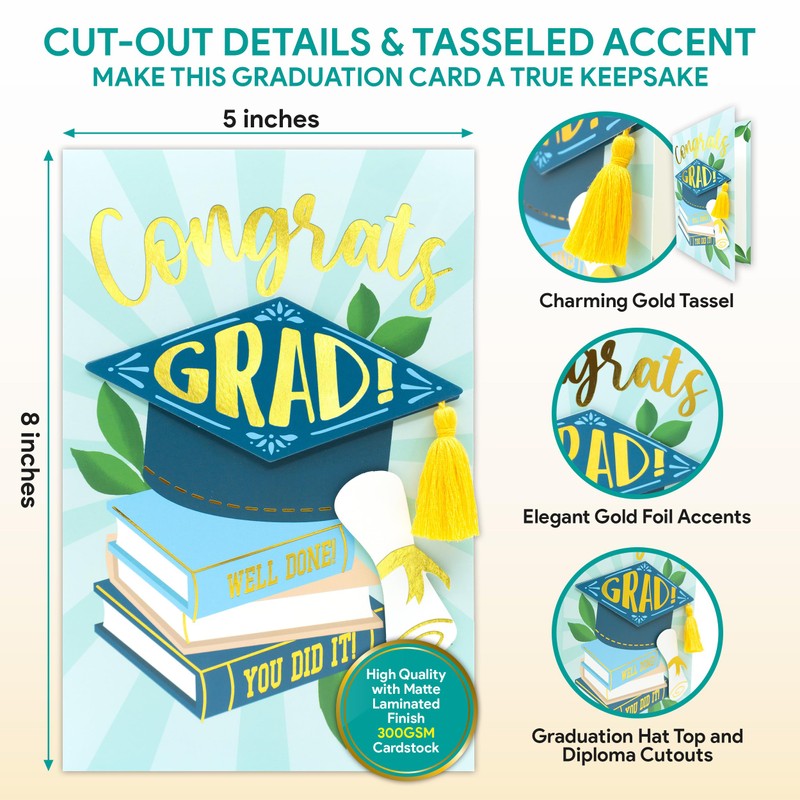 Decorably Gold-Foiled 5x8in Individual Congrats Grad Card with Graduation Hat