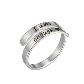 IMINI I am Enough Inspirational Ring for Women Girls Men Sterling Silver Band Encouragement Statement Rings Wrap Open Ring Adjustable Finger Bands (Silvery)