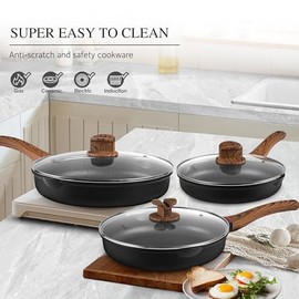 Vinchef Non Stick Frying Pan with Lid,9.5 Inch Anti Scratch Skillet Cast Aluminum Cookware, Induction Compatible Black