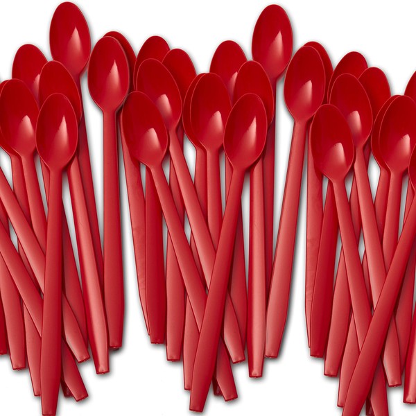 Extra Sturdy, Super Fun Red 8in Sundae Spoons 100ct Heavy Duty Disposable Plastic Utensils for Ice Cream, Milkshakes, Tea and Floats. Best Long Spoon for Stirring Cocktails and Tall Iced Beverages