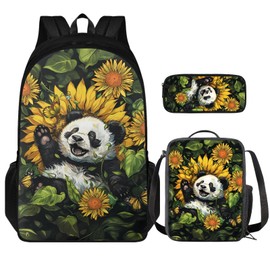 Qnxretky Cute Panda Kids Bakcpack with Lunch Bag Set for Boys Girls Sunflower School Bag for Cute Children Book Bag with Pencil Case & Lunch Bag for Adult Women Lunch Cooler Bag