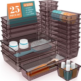 WOWBOX 25 PCS Plastic Drawer Organizer Set, 4 Sizes Desk Drawer Divider Organizers and Storage Bins for Makeup, Jewelry, Gadgets for Kitchen, Bedroom, Bathroom, Office, Clear Brown