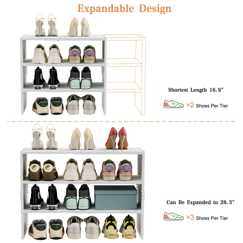 3-Tier Small Shoe Rack Organizer for Closet, White Expandable Shoe