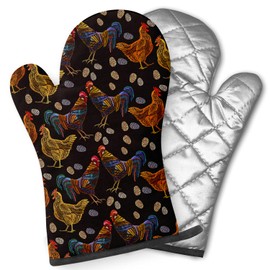 Pairs of Decorative Oven Mitts, Heat Resistant Kitchen Gloves for Cooking, Baking, Grilling ( Embroidery Chicken Rooster )