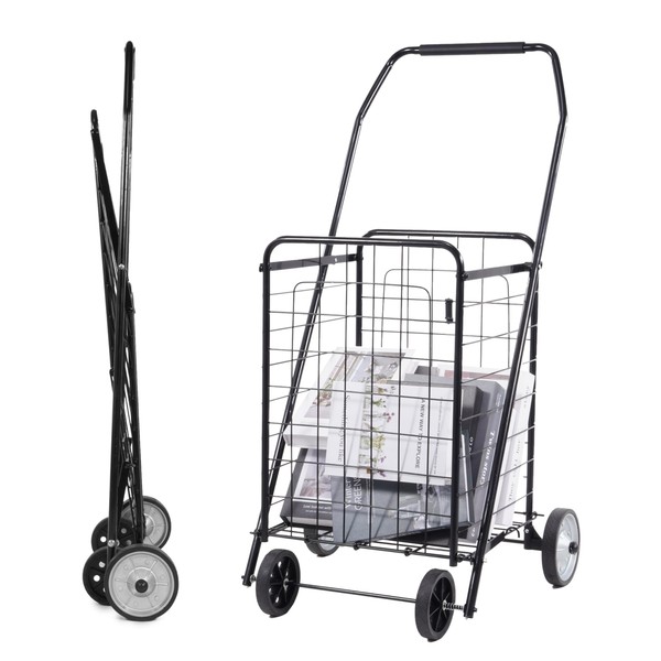 Simple Deluxe Folding Shopping Cart with Wheels, 88LB Capacity &