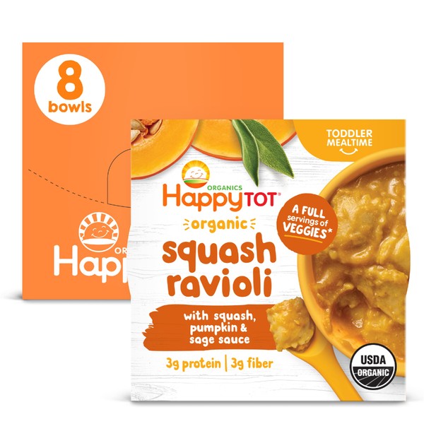 Happy Tot Organics Love My Veggies Bowl, Squash Ravioli with Squash, Pumpkin & Sage Sauce, 4.5 Ounce Pouch (Pack of 8) packaging may vary