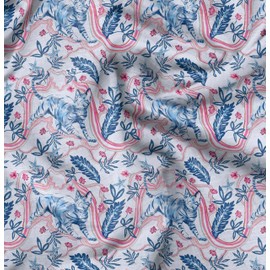Soimoi Leaves,Floral & Cat Print - Blue, Canvas Fabric Material - 56 Inch Wide, 1 Meter, Unstitched Fabric For Upholstery, Bags, Workwear And Outdoor Gear.