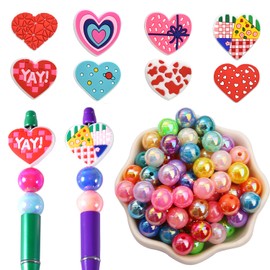 Silicone Focal Heart Beads with 16mm Large Acrylic Beads for Beadable Pens 48PCs, Large Ball Pen Charm Bubblegum Beads Kit for DIY Pens Keychain Crafts (Heart Red)