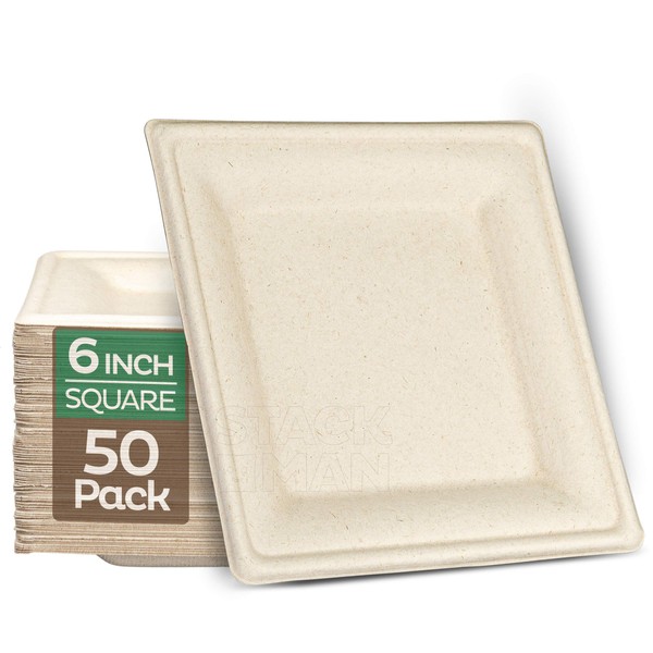 100% Compostable Square Paper Plates [6" x 6", Pack of 50] Elegant Premium Disposable Plates, Natural Unbleached Bagasse, Eco-Friendly, Made from Sugarcane Fibers, 6" Biodegradable Plate