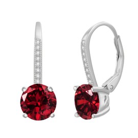 Lesa Michele Rhodium Plated 925 Sterling Silver Dark Red Simulated Garnet & Cubic Zirconia Drop Leverback Bridal Earrings for Women Imitation January Birthstone