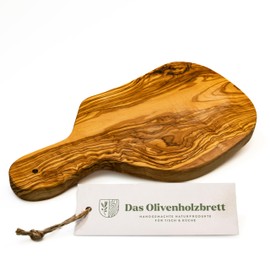 das Olivenholzbrett® Garlic Chopping Board Made of Olive Wood / Herb Chopping Board / Onion Board with Olive Wood Handle / with Hanging Hole Including Handle 25 cm