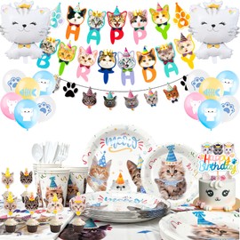 Cat Birthday Party Supplies, 167pcs Cat Party Decorations & Tableware Set-Cat Party Plates Napkins Cups Tablecloth & Cat Birthday Banner Balloons etc Cat Themed Birthday Party Supplies for Girls Kids