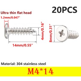 Qrity Pack of 20 Self-Tapping Screws, M4 x 14 mm Phillips Wood Screws, Ultra Thin Flat Head Screws for Plastic, Wooden Furniture