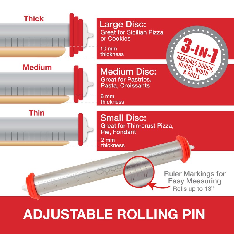 Adjustable XL Pastry Rolling Pin w/ 3 Spacer Rings -