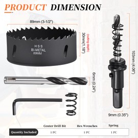 METALLIXITY Bi-Metal Hole Saw Kit 89mm (3-1/2"), M42 High Speed Steel Hole Cutter with Center Drill Bit, Hex Key and Spring - for Metal Sheet, Wood, Plastic Plate and PVC Board, Black
