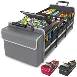 Large Trunk Organizer for SUV with Premium Portable Cooler Bag, Car Organizers and Storage with Foldable Cover, Collapsible Car Trunk Organizer for Truck, Adjustable Securing Straps, 90L+20L, Gray-C
