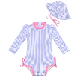 ALVABABY Girls' Long Sleeve Zipper One Piece Swimsuit with Hat, Girls' Rash Guard Sets,Bathing Suit for Outdoor Activities ST-EF01-3-4T